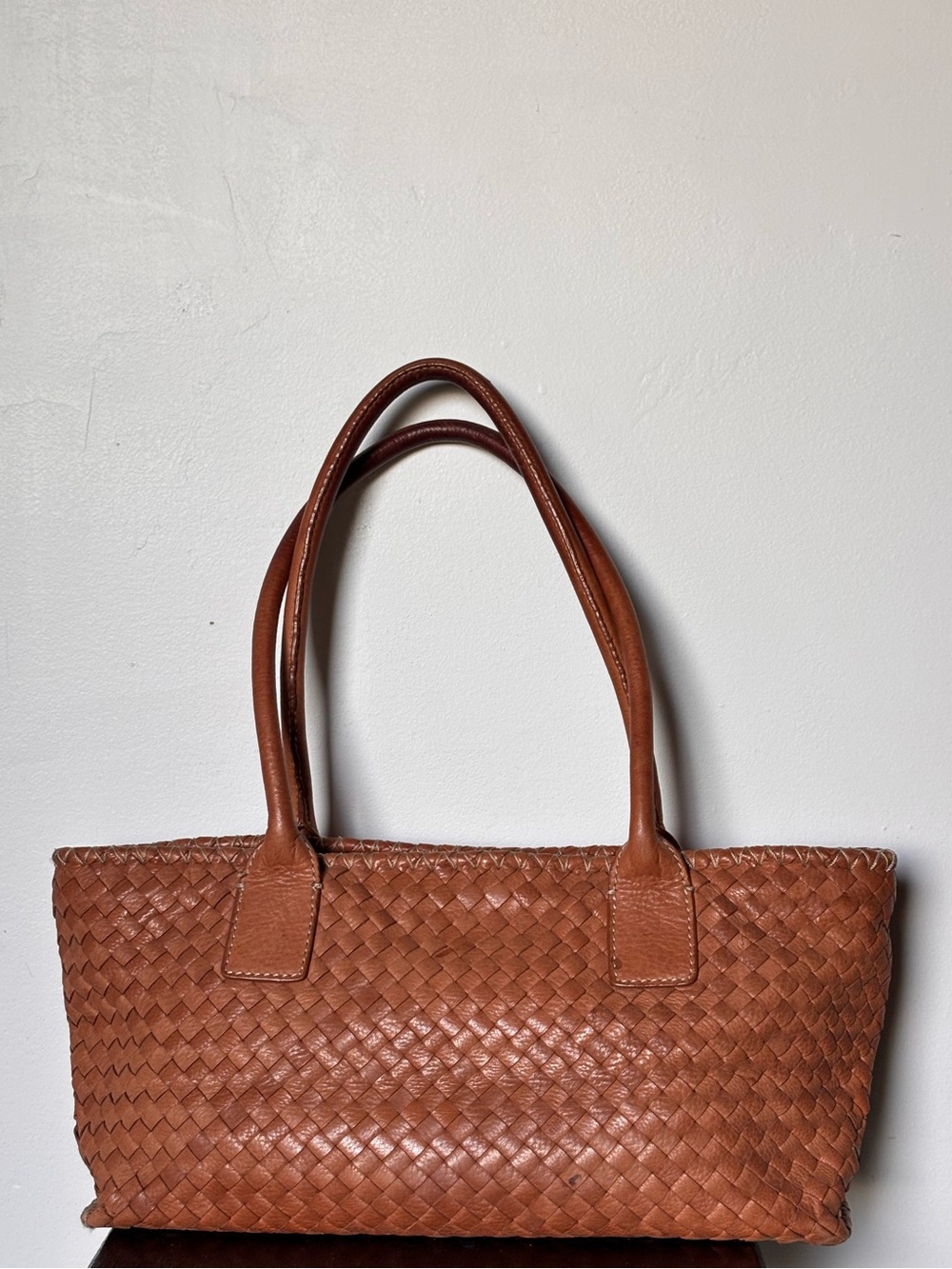 Y2K Fossil Woven Leather Baguette Shoulder Bag in Cognac